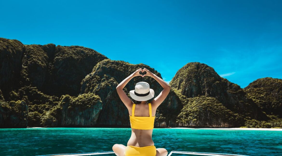 Woman is sitting on the boat