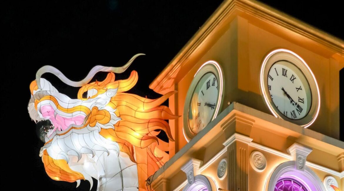 Clock tower with big white dragon