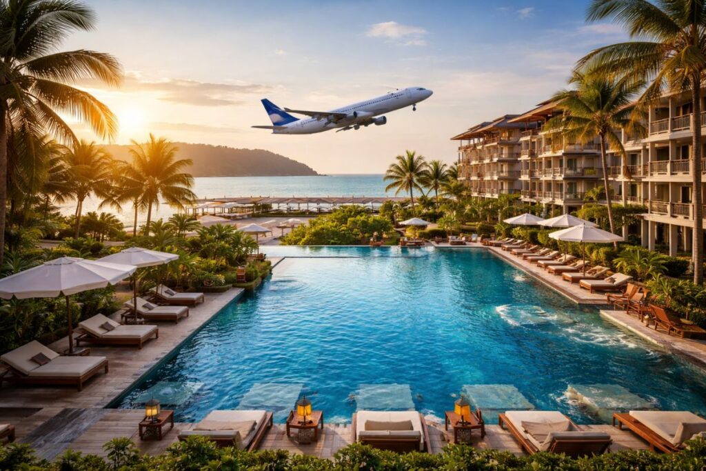 Hotels at Phuket with plane background